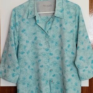 Women's Large Royal Robin Green/Blue Collared Snap Button-Down 3/4 Sleeve Blouse